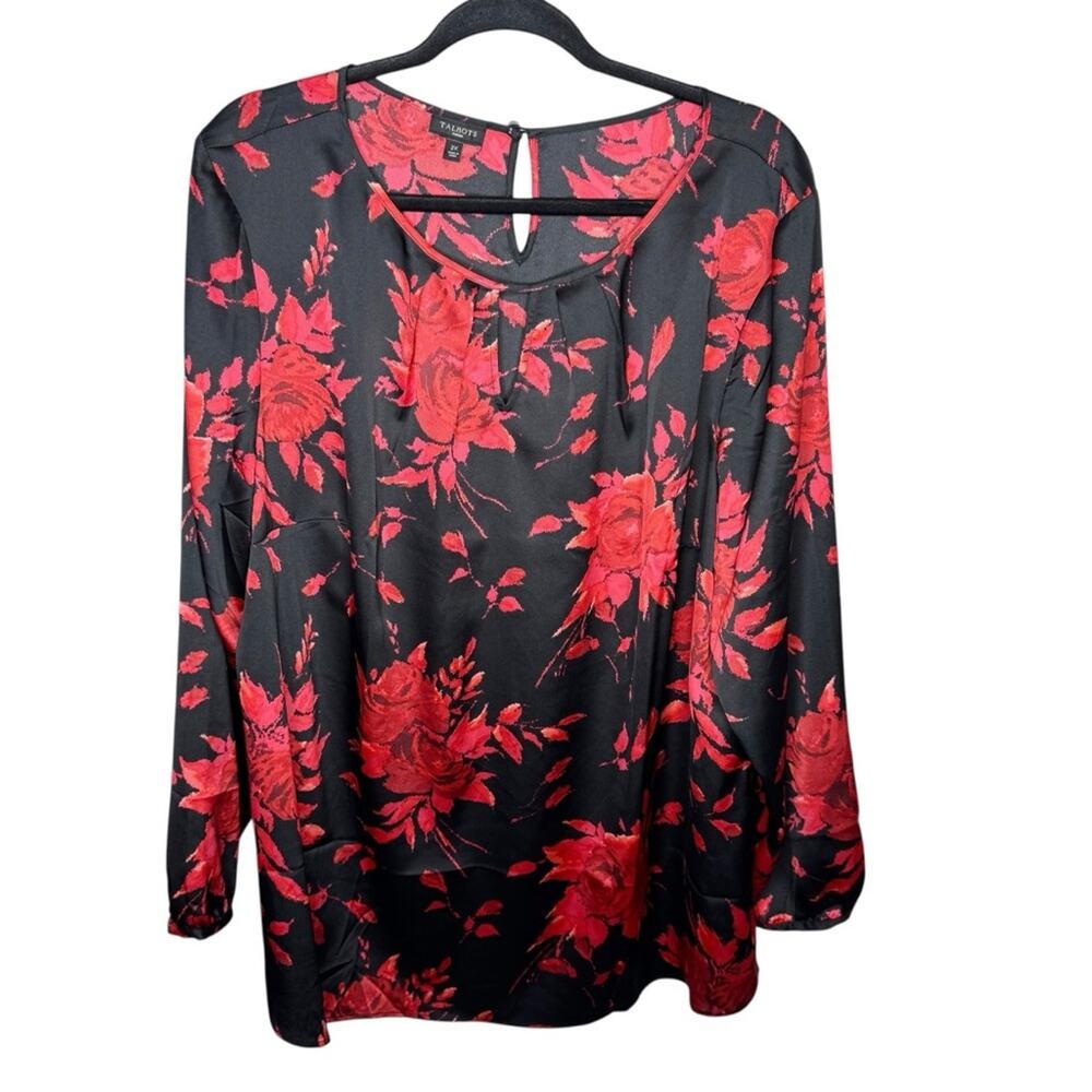 TALBOTS / black red satin long sleeve floral blouse top / 2X